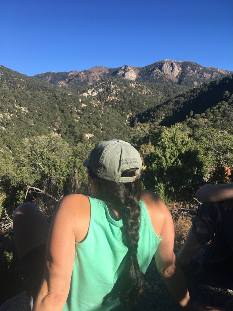 photo of Rachel's back as she looks across a steep valley toward rocky peaks