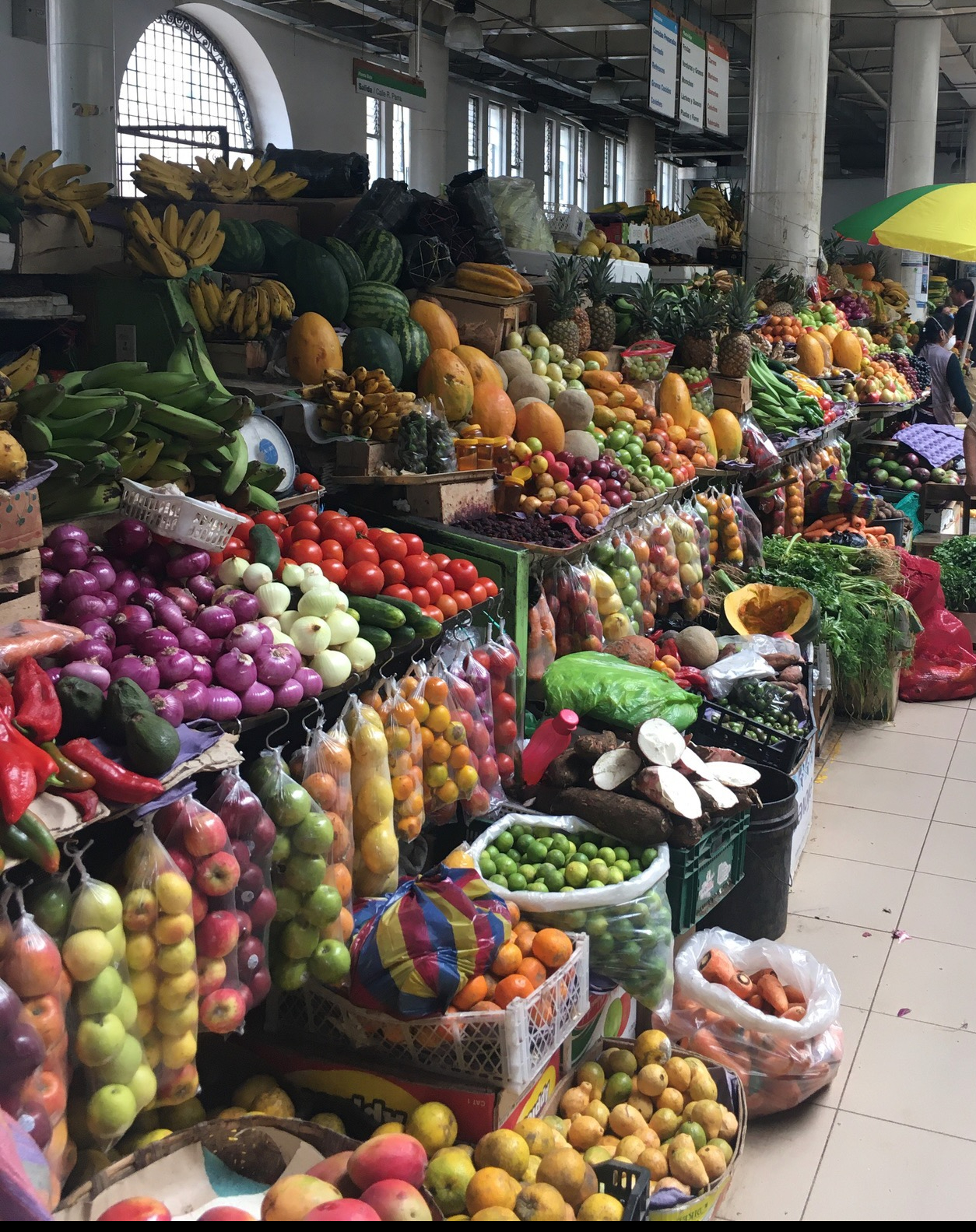 photo of a long row of bins with brightly colored fruits and vegetables in an open market