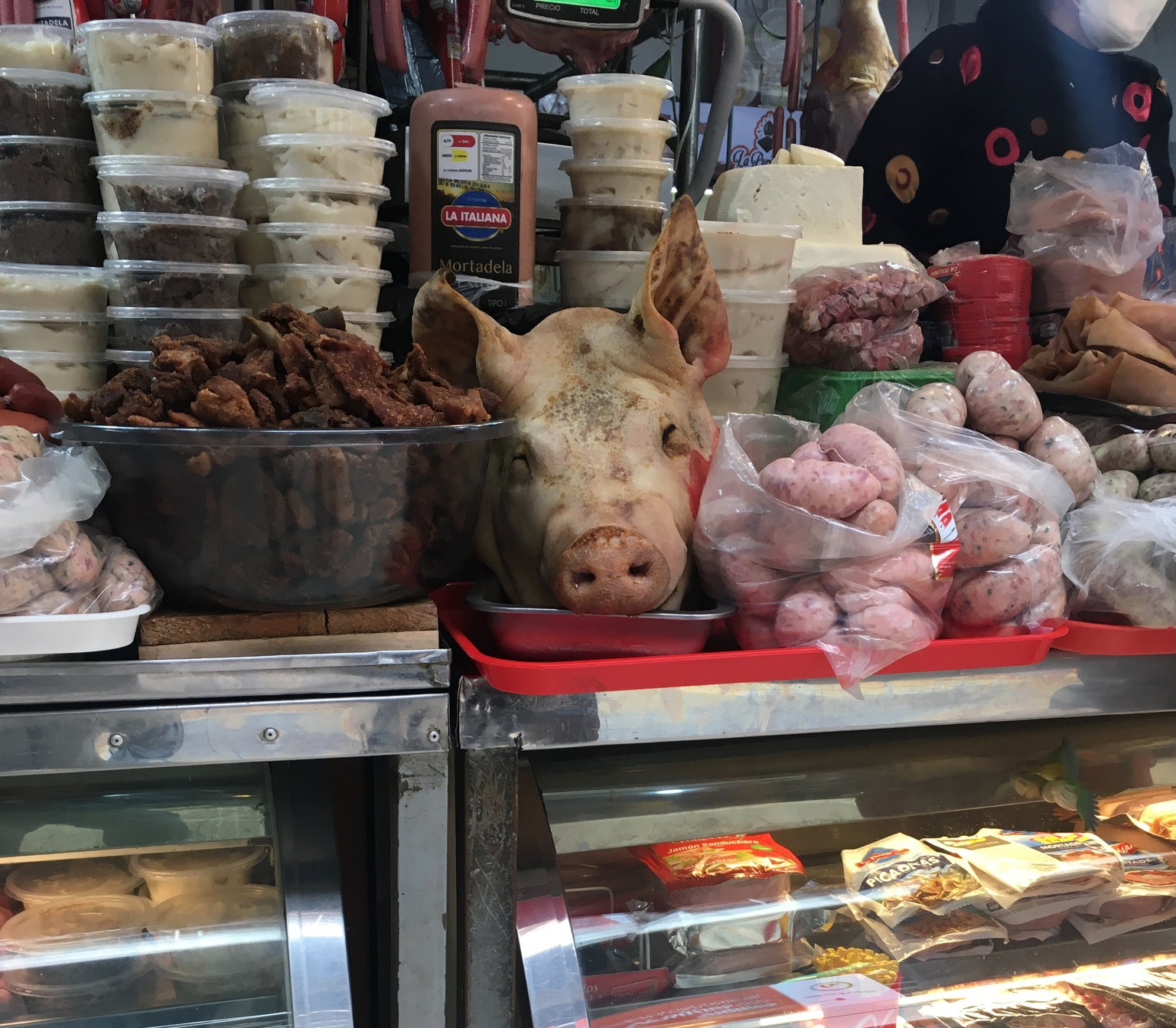 photo of cuts of meat on a counter, including a pig's head