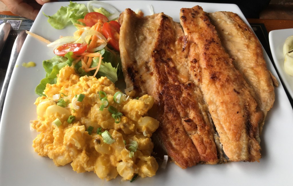 photo of seared filet of trout with egg-and-potato side dish