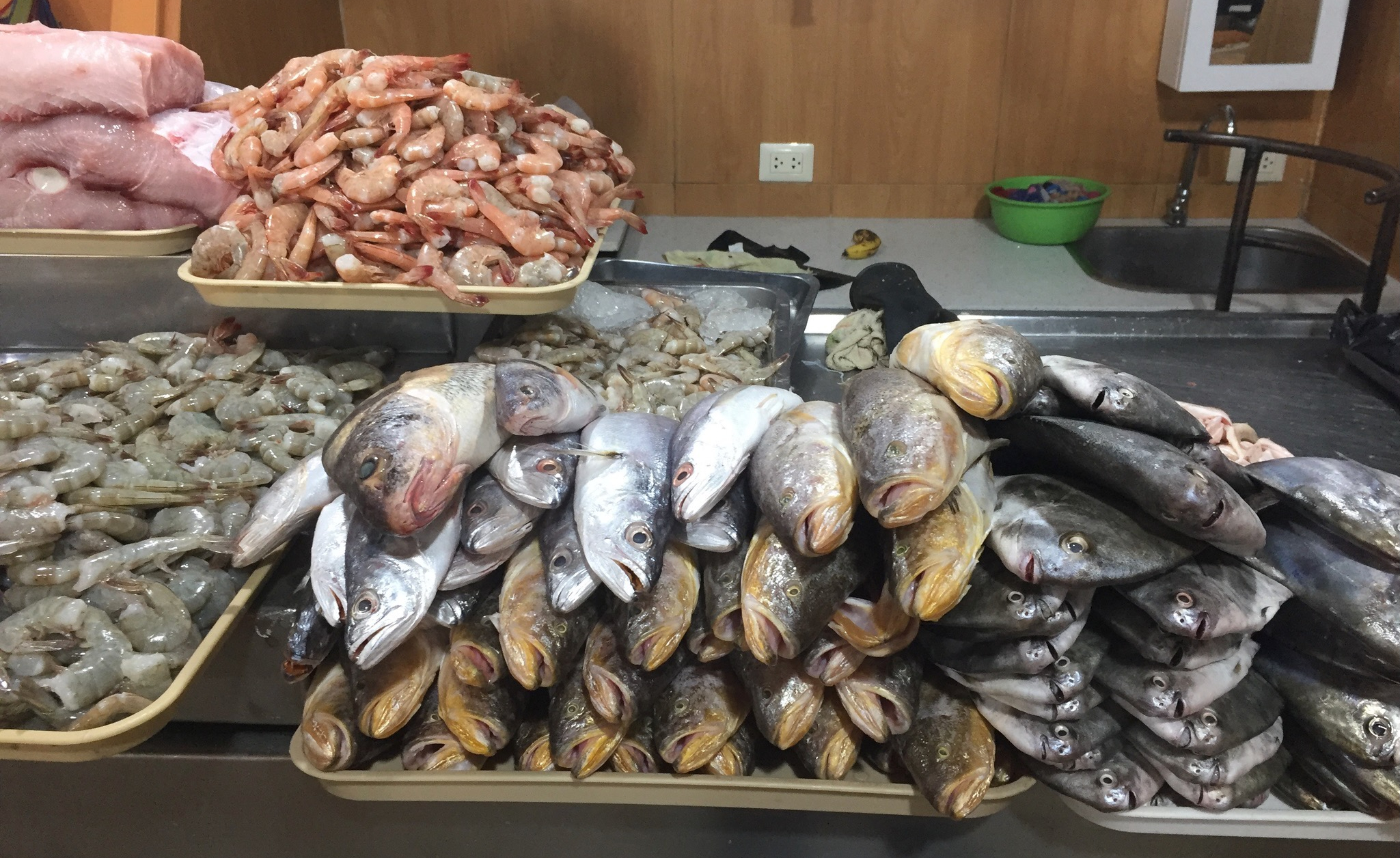 photo of piles of shrimp and fish on trays