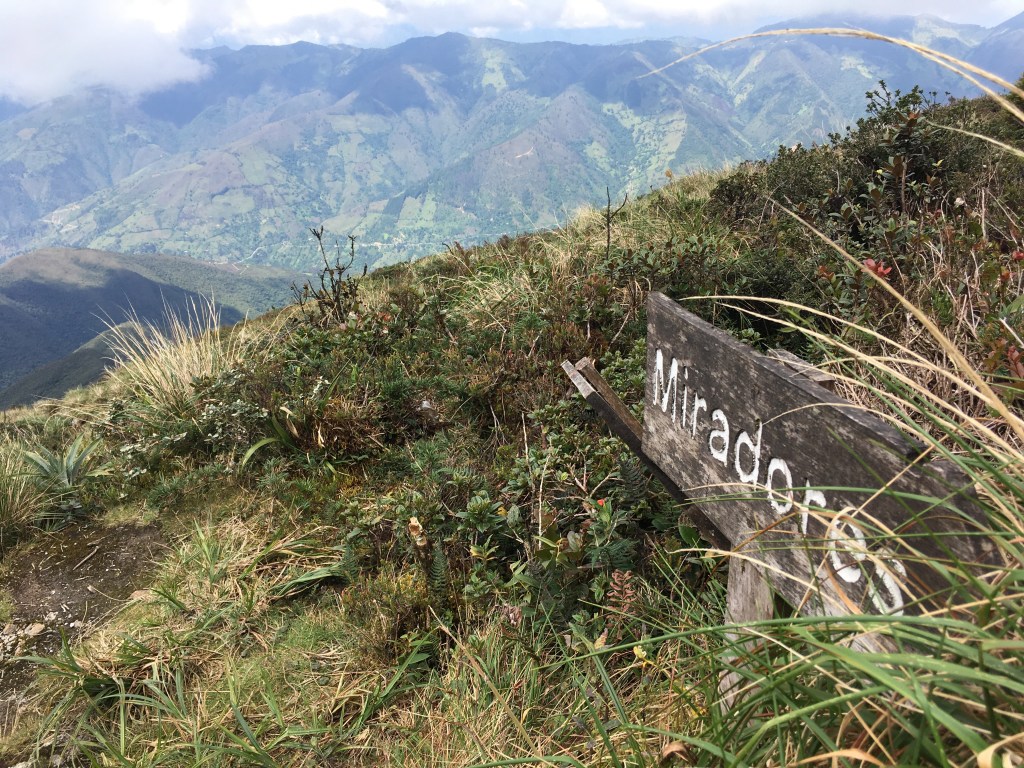 Photo of a weathered wooden sign saying "Miradores" overlooking a wide valley bordered by green mountains