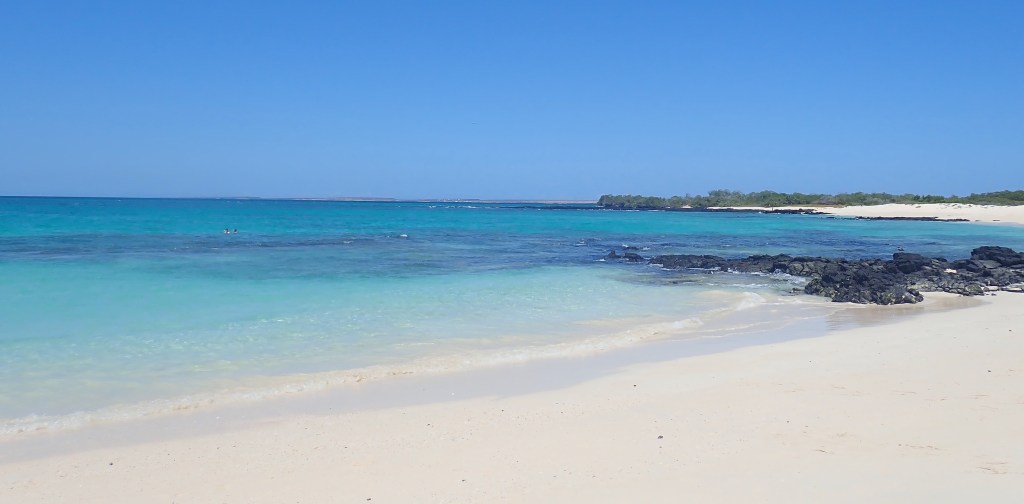 photo of aqua water, white sand, black rocks, and a distant green point under a deep blue sky.