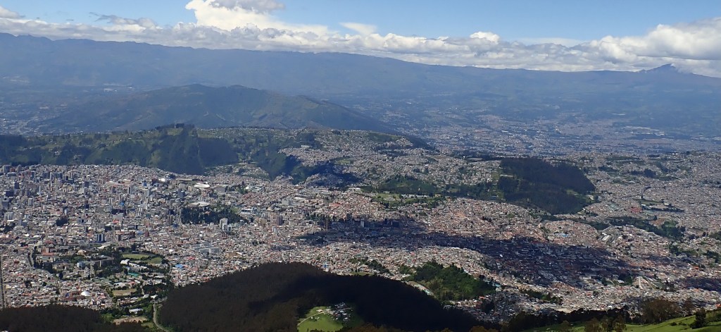 photo rom a high viewpoint of a wide cityscape featuring tall buildings, long narrow sprawl of rooftops, and mountains in the distance