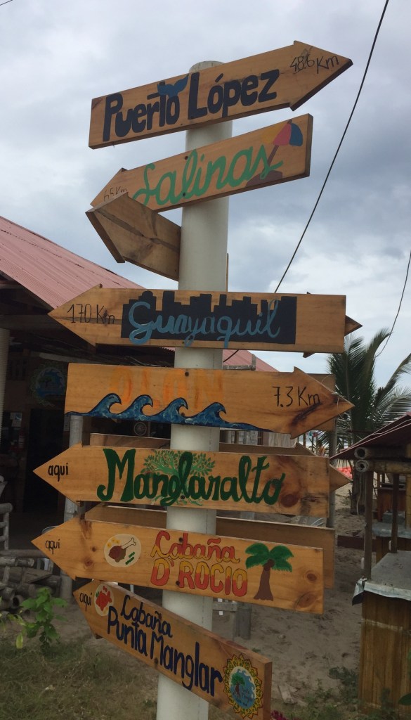 photo of a signpost with 8 wooden, handpainted signs pointing to Spanish destinations in all directions.
