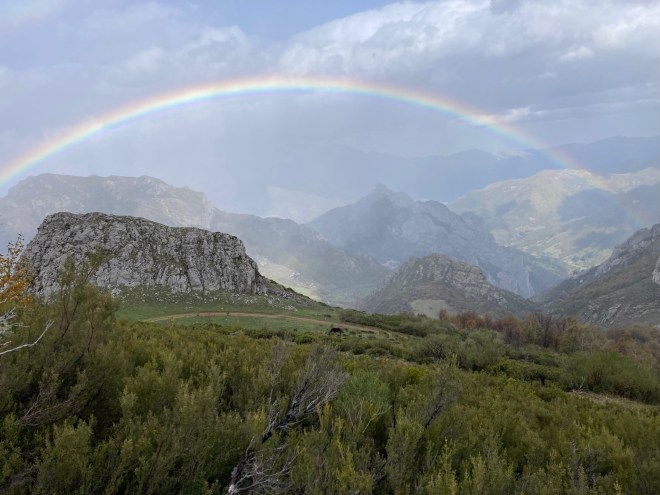 photo of a rainbow arching over gray rocks and a misty mountain vista with green bushes in the foreground