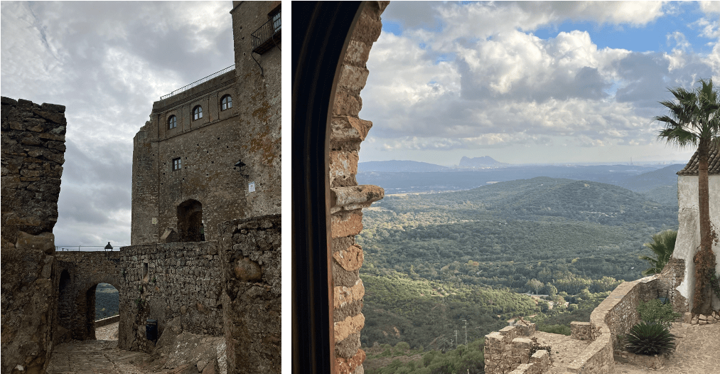 Two photos: on the left is a stone castle wall above an arched gate with a bridge leading into another arched gate. Three windows are at the top of the wall. Cloudy skies are above.