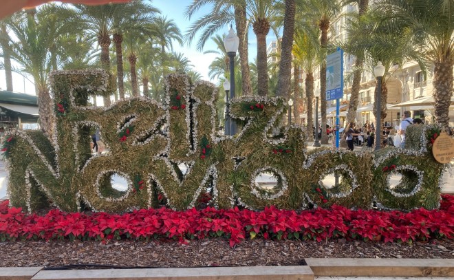 photo of a sign made of evergreens and red flowers reading "Feliz Navidad" with palm trees in the background.