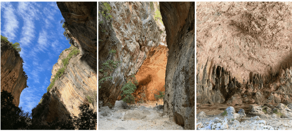 Three photos: Left: looking up out of a canyon at at light brown cliffs and a blue sky overhead. Middle: vertical cliffs jut out of a flat dry riverbed with an orange glow coming from around the corner. Right: Gray stalactites and stalagmites jut out of light brown craggy walls.