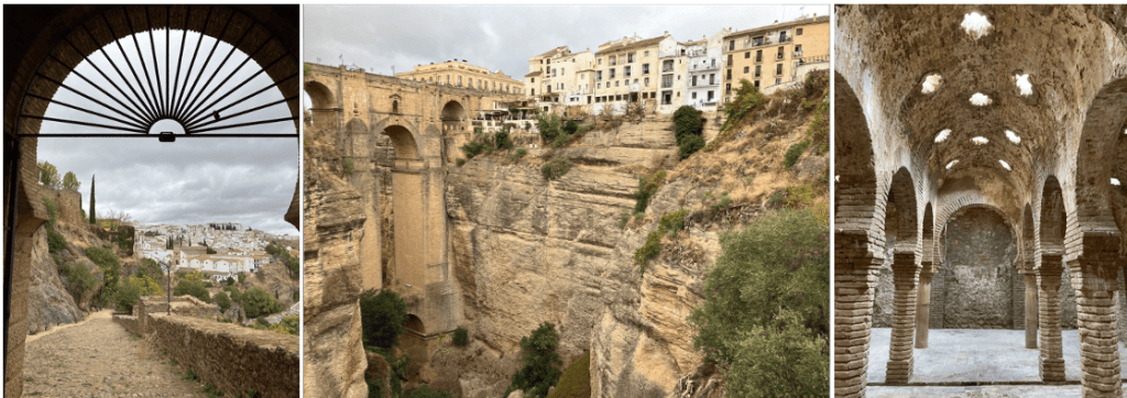 Three photos: Left: a village of white houses on a hillside sits in the distance, viewed through an arched opening above a stone path. Middle: A white village sits atop steep vertical cliffs with a tall stone bridge across the gorge. Right: Skylights shine through an arched stone ceiling held up by Roman columns.