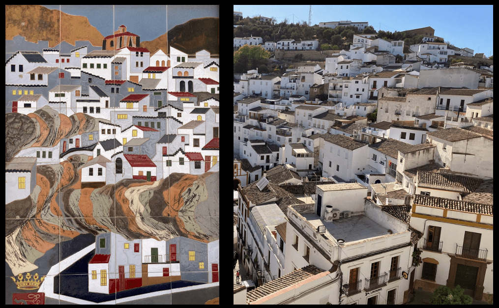 Two photos: Left: a tile mosaic of white-walled houses clustered on a steep hill with a cathedral at the top. Right: a photo of white walled houses clustered on a hill with a cathedral at the top.