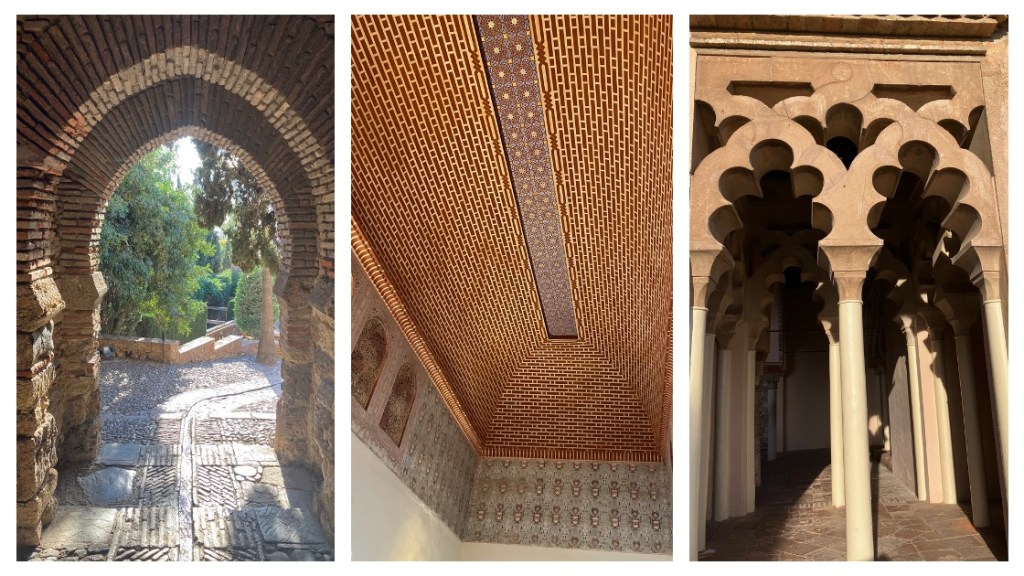 Three photos: left, two keyhole-shaped stone archways with a cobblestone path leading through them; center, a arched, oblong, red and yellow tiled ceiling; and right, a series of marble columns with clover-shaped arches above them.