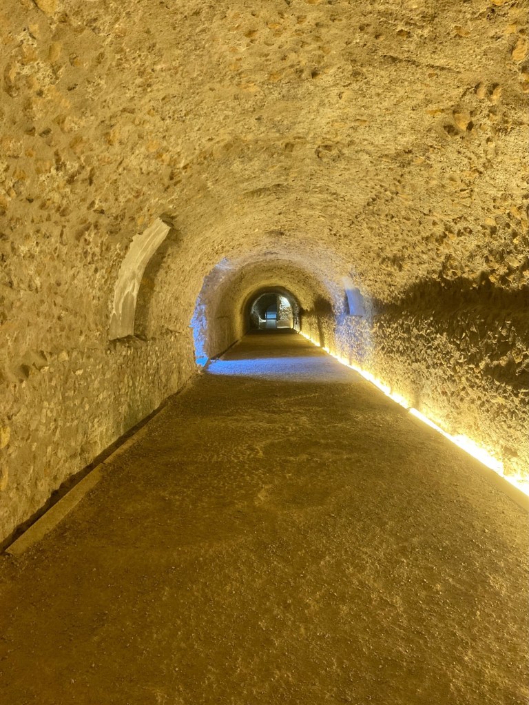photo of a long tunnel with a flat path and curved, sand-colored ceiling, with yellow lights along the bottom edge and a bright light at the end.