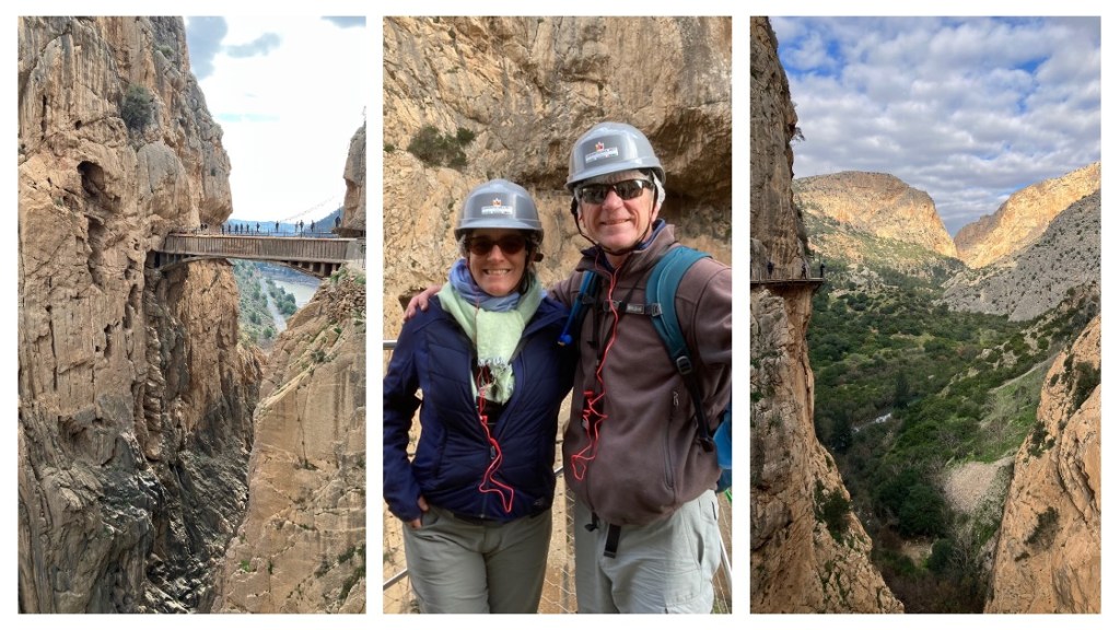 Three photos: left, people walk across a small bridge connecting two cliffs above a deep chasm; middle a woman and man wearing grey hard hats stand in front of a cliff; right, a view of rocky mountains in the sunlight across a green valley, with a small walkway attached to a cliff on the left.