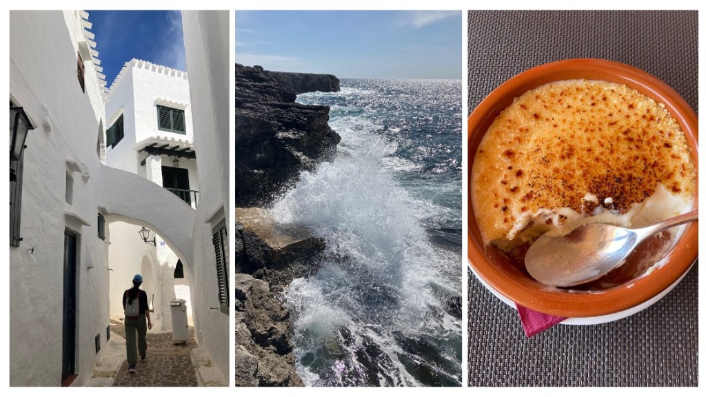 three photos show (left) a person walking on a narrow stone-paved street with white buildings on all sides and a white archway overhead, (middle) ocean waves crashing on a rocks, (right) a brown, round dish with a spoon resting in it, with white-yellow ice cream and yellow-brown flame-broiled crust on top.