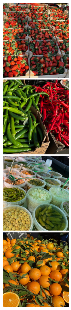 four photos,top-to-bottom: a shelf full of red strawberries, a box of green peppers next to a box of red peppers, rows of plastic buckets full of pickles and olives, and a pile of bright oranges with green leaves.