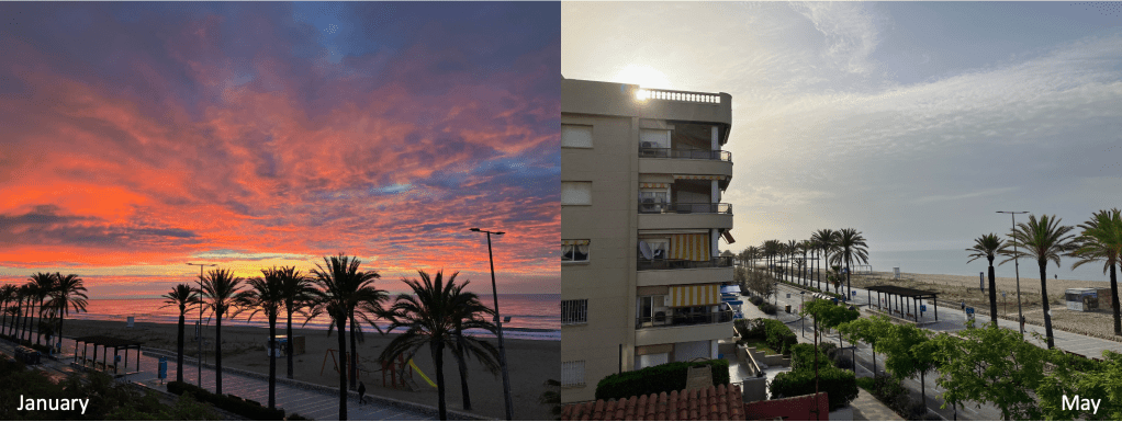 Split-screen photo: on the left, labeled January, is sunrise over the ocean with pink-orange clouds and palm trees in the foreground; on the right is the sun rising over the top of a 5-story apartment building that has a road, palm trees, a beach, and then the ocean to its right.