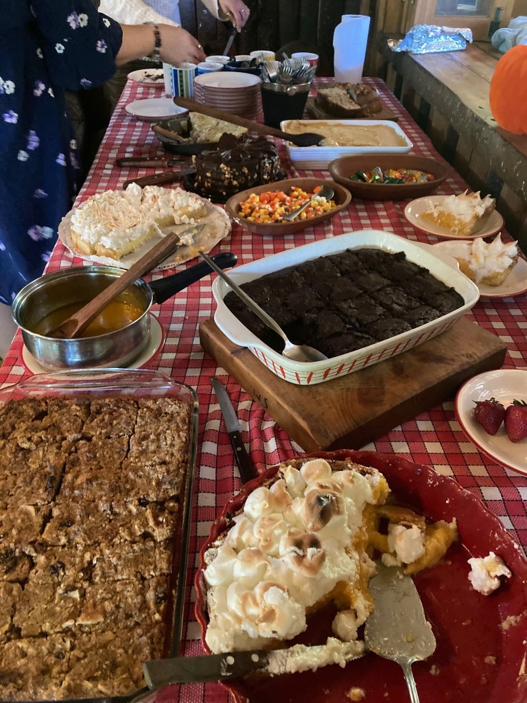 Lengthwise photo of a long table with red-and-white checked table cloth. On top are 12 serving dishes with various desserts -- brownies, pies, crumble, candy corn, and berries.