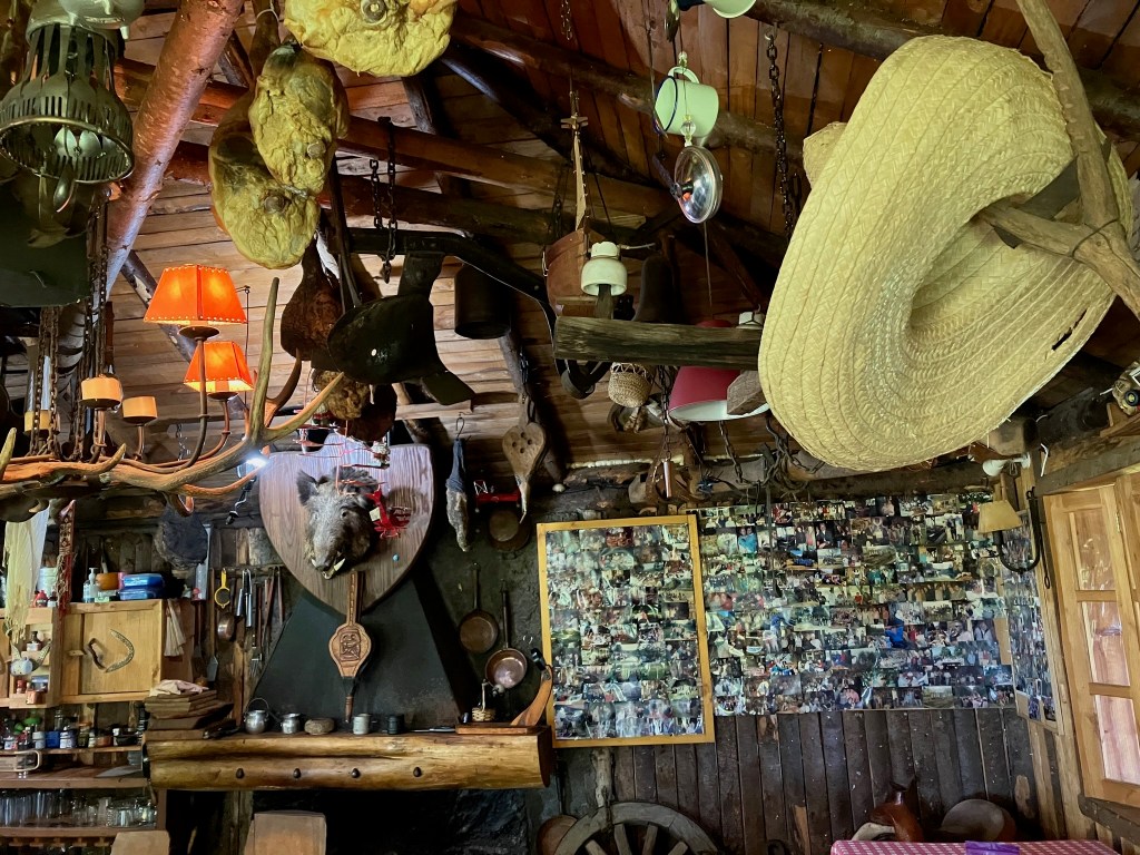 Photo of a wooden cabin interior wall and ceiling decorated with a sombrero, a mounted boar's head, snapshots grouped in a frame, rustic orange chandelier, deer antlers and tree branches, and a rough-hewn log bar.,