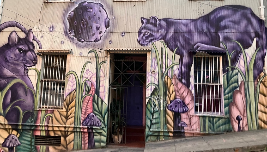 photo of a mural on the wall of a house around two windows and a door--a large purple cat eyes a larger purple mouse with the Covid-19 virus in between and green, yellow, and purple plants beneath