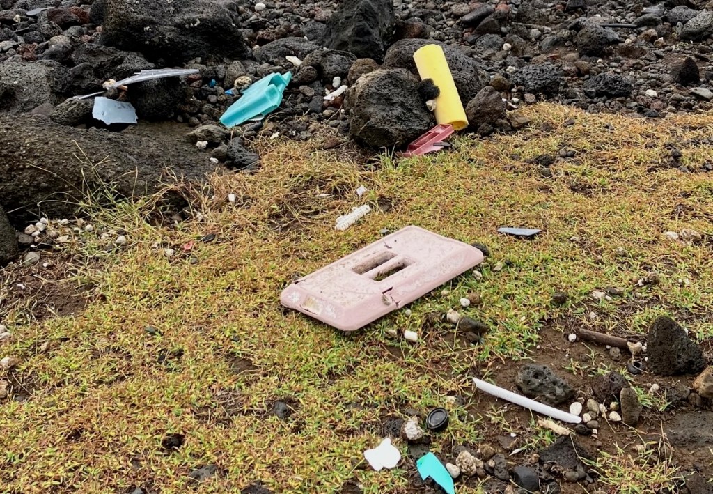 photo of multi-colored large pieces of plastic trash on a grassy and rocky shore