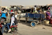 photo of a white horse and blue, two-wheeled wooden cart standing in a dirt road with a motorcycle carring two passengers passing by and cloth-covered shanties in the background