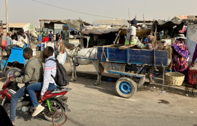 photo of a white horse and blue, two-wheeled wooden cart standing in a dirt road with a motorcycle carring two passengers passing by and cloth-covered shanties in the background