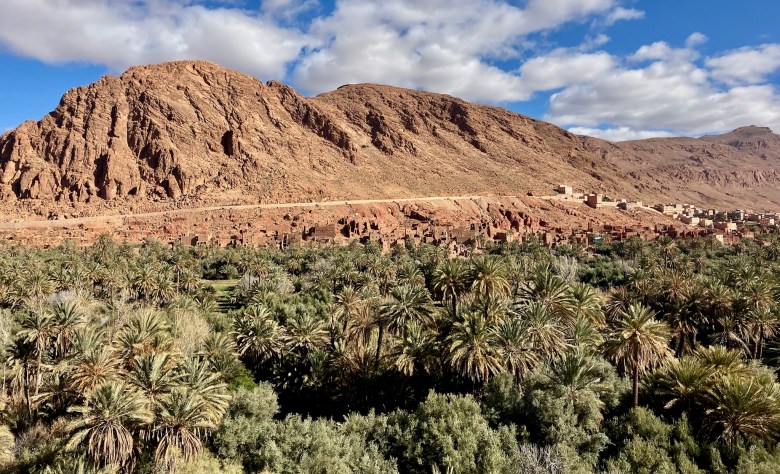 photo of brown rock mountains in front of a blue sky studded with white clouds, all as the backdrop for a valley filled with green, leafy palm trees
