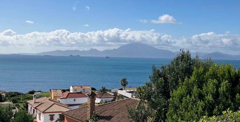 photo of red clay rooftops and a green leafy tree in the foreground, overlooking blue water with mountains in the distance