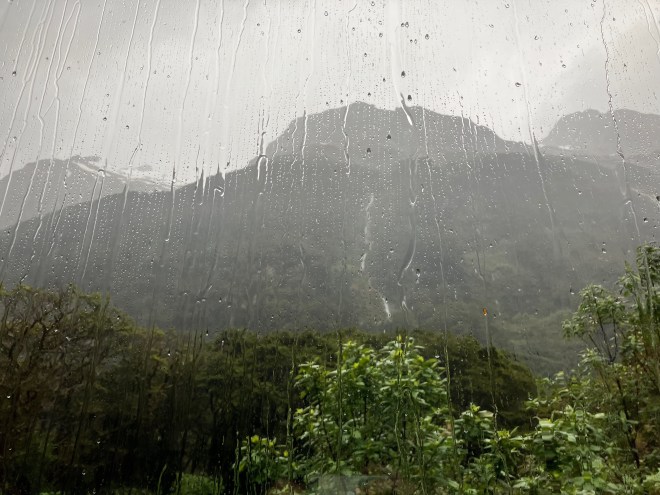 photo through a rain-streaked window showsing leafy green trees in front of blurry dark green mountains