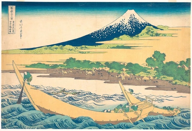 image of a Japanese painting depicting snowcapped, blue Mount Fuji in the background with waves and a yellow open-hulled rowing boat in the foreground and green trees with a yellow field in between