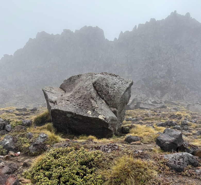 photo of a large boulder sheared off on the sides and sitting in a field of moss, grass, and smaller rocks, with a jagged ridge in the fog behind it