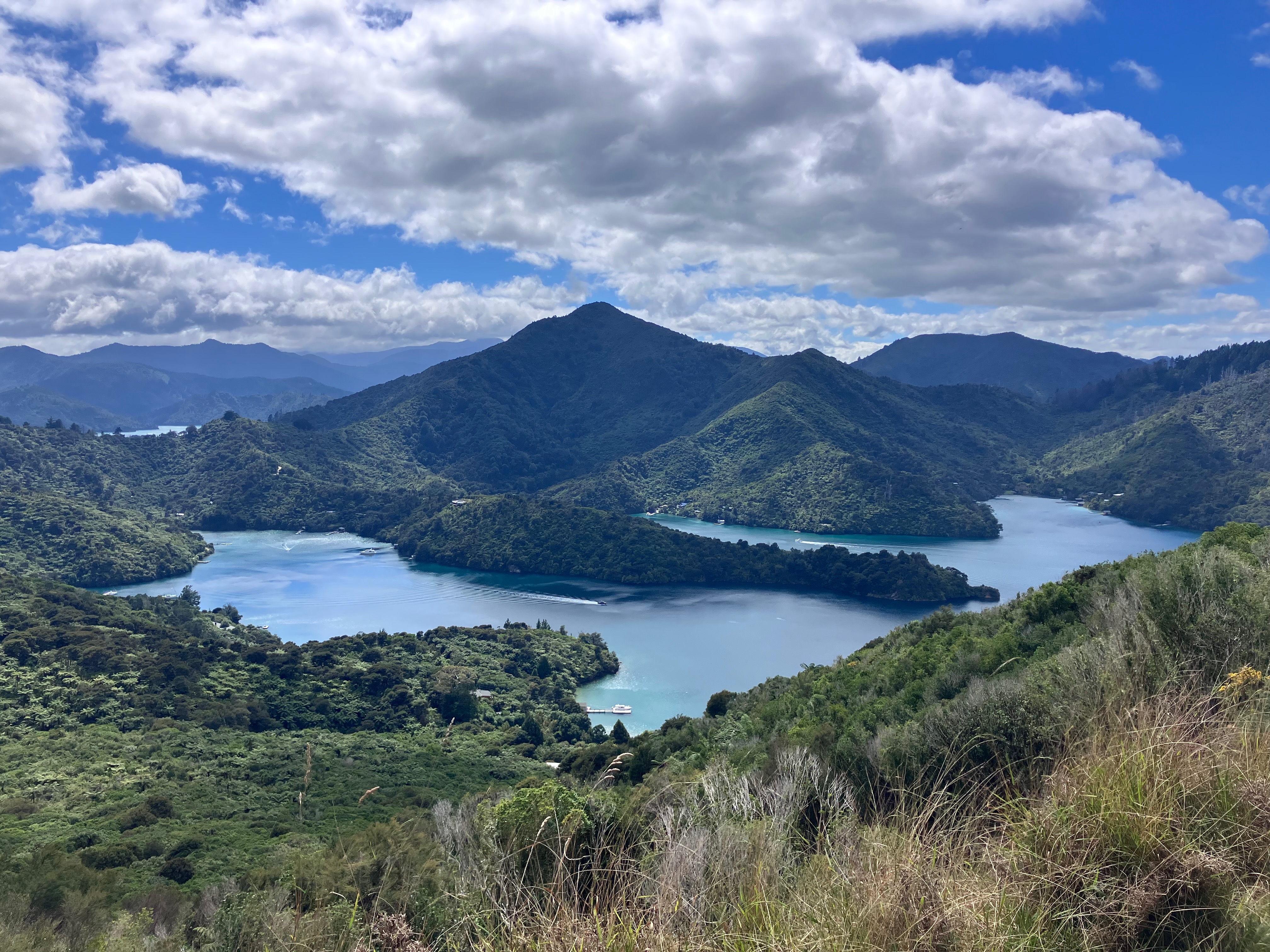 photo of a green mountain ridge rising up out of blue-teal water with islands in the middle and dry grass in the foreground