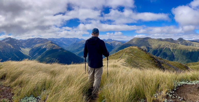 photo of a man from the back holding hiking poles and looking out across a mountain vista while standing in tall yellow grass