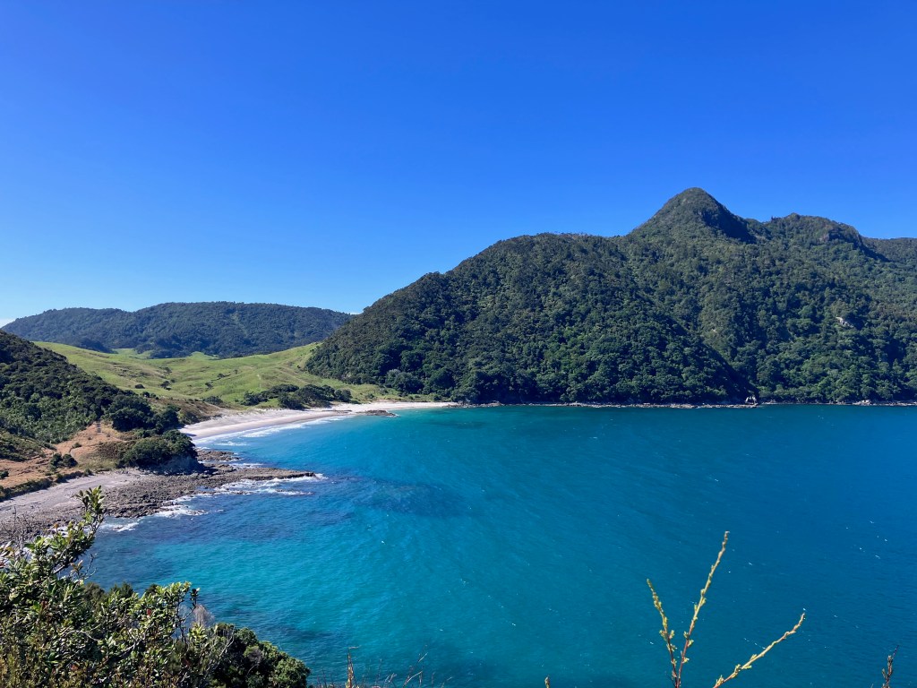 photo of a bright teal bay with a sandy beach and green hills
