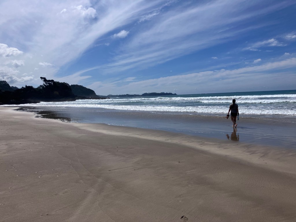 photo of a wide, sandy beach with waves rolling in and one person walking in the shallow water