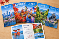 photo of 6 blue-and-red photographic brochures spread on a table: Tokyo, Kyoto, Osaka, Shikoku, Mastumoto, and Discover Japan