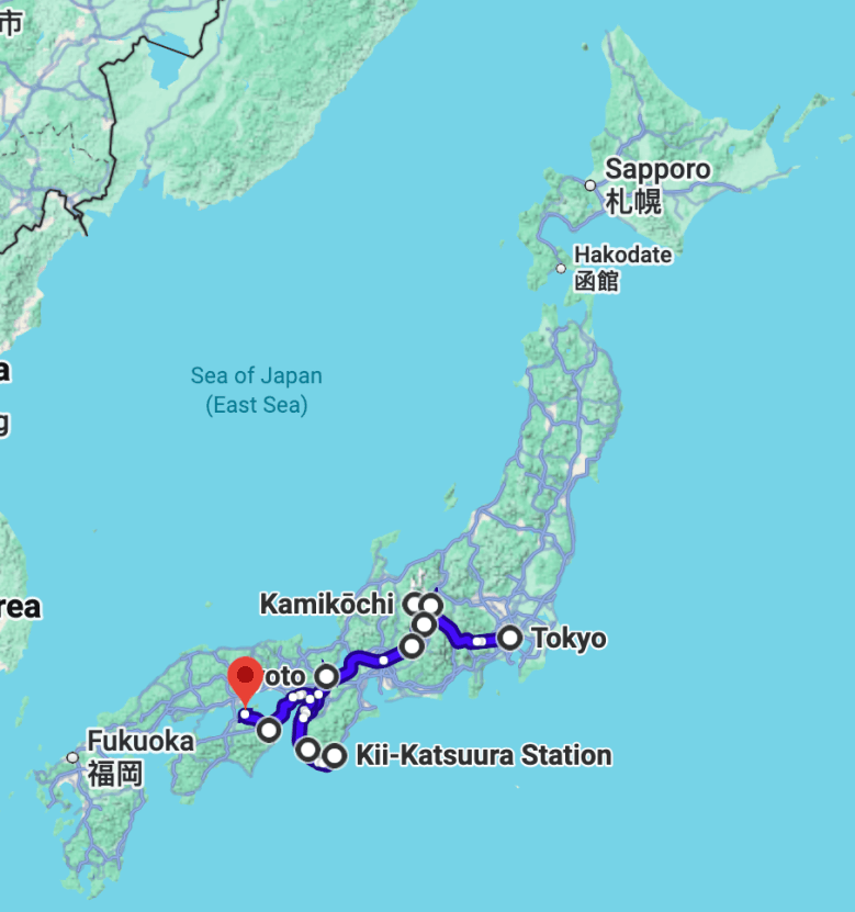 Green map of Japan's main islands with Sapporo at the north, Tokyo in the center-east, Kamikochi to the west, Fukuoka to the south, and the Sea of Japan to the west.